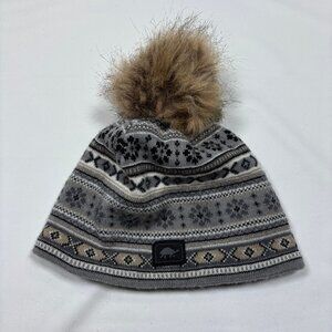 Turtle Fur Merino Wool Gray Southwest Design Fleece-Lined Pom Womens Beanie Hat